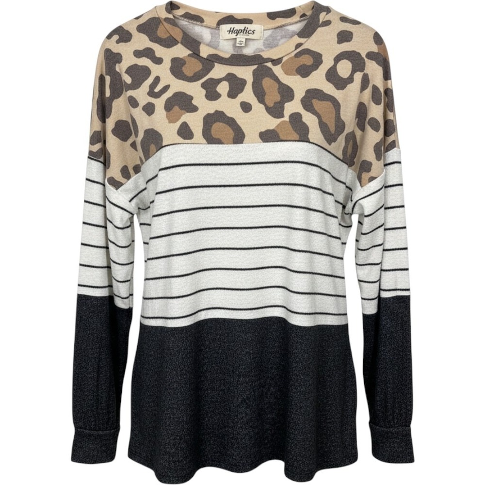 Haptics Leopard Stripe Colorblock Long Sleeve Top Medium